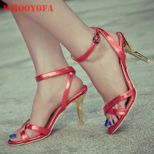 New Summer Comfortable Red Silver Women Sandals High Stiletto Heels Lady Slingback Shoes Plus Big Small Size 32 43 45 47