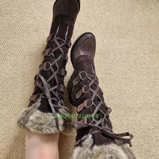 Lady Warm Lace-Up Suede Knee Boots Suede Wedges Heel Platform Pu Fur Warm Footwear Boots Warm Fur New Arrive Runway Sexy Boots