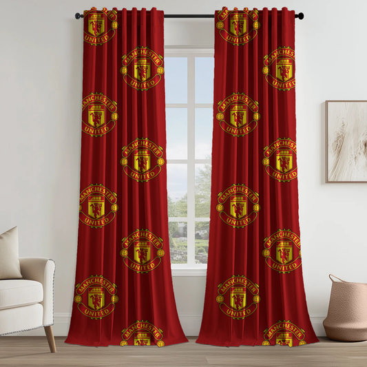 Manchester United FC Curtains | Red & Black | Licensed Merchandise | Eyelet, Ring Top, Rod Pocket Curtains | Blackout Lining Option-0