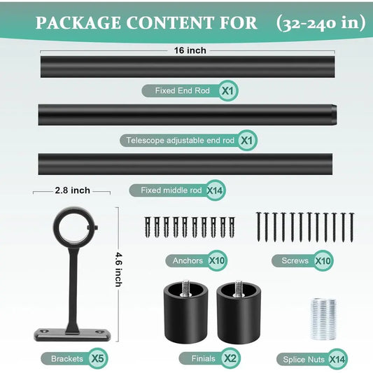 Extra Long Curtain Rods for Windows 120 to 240 Inches, Adjustable 1 Inch Black Curtain Rod for Outdoor Indoor, Modern Heavy Duty